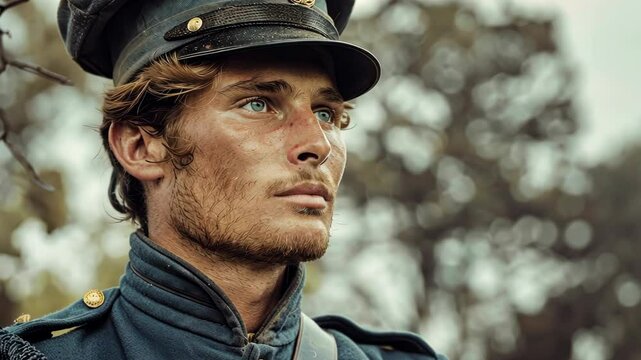 Historical reenactor in period military uniform gazes thoughtfully during a reenactment event