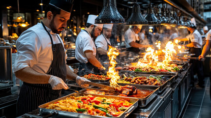 A bustling buffet with live cooking stations offering pasta, stir-fry, and grilled meats, chefs preparing food in front of guests with flames from the grill