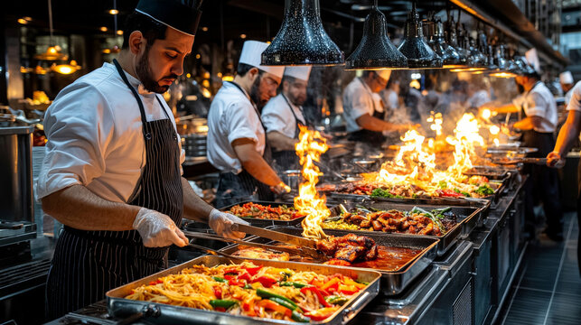 A bustling buffet with live cooking stations offering pasta, stir-fry, and grilled meats, chefs preparing food in front of guests with flames from the grill