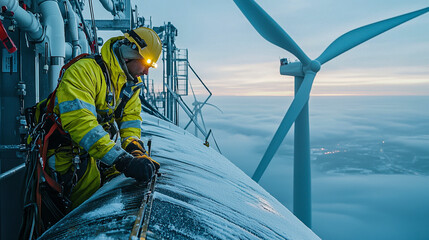 Wind turbine technician at work, cloudy sky