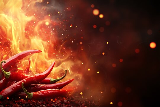 Vibrant red chili peppers surrounded by flames, showcasing their spicy allure against a dark background. Perfect for culinary themes.