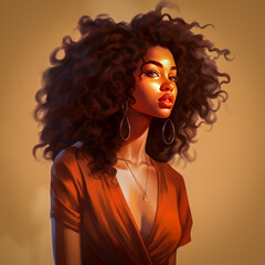 Fototapeta premium A stylized portrait of a woman with voluminous curly hair, wearing earrings and a necklace, set against a warm-toned background, exuding confidence and elegance