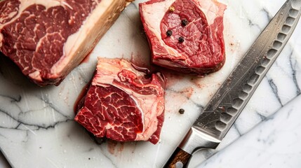 Raw Beef Steak On Marble Cutting Board