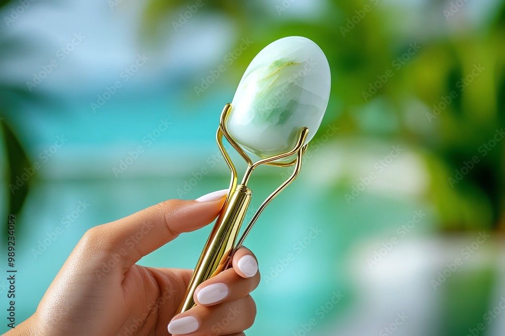 Poster a close-up of a hand holding a jade roller, gently massaging the face for a calming skincare routine