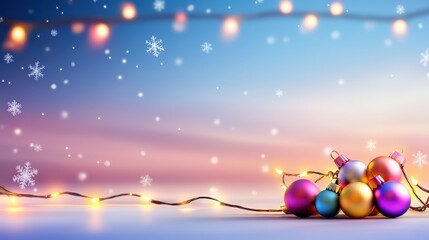 Fototapeta premium Bright, joyful holiday background featuring a colorful mix of Christmas lights, festive ornaments, and snowflakes falling over a soft night sky.
