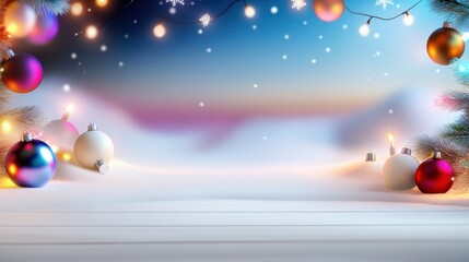 Fototapeta premium Bright, joyful holiday background featuring a colorful mix of Christmas lights, festive ornaments, and snowflakes falling over a soft night sky.