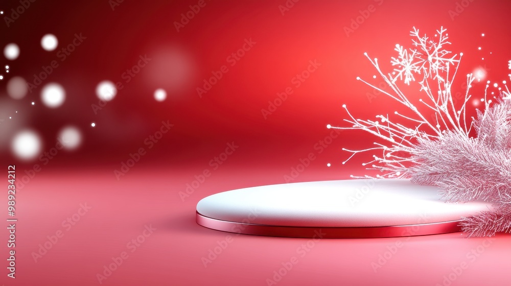 Poster bright red holiday background adorned with intricate snowflake patterns, softly glowing in the backg