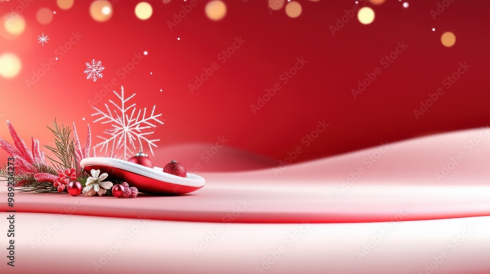 Poster bright red holiday background adorned with intricate snowflake patterns, softly glowing in the backg