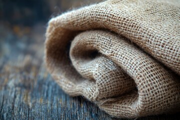 Rolled Brown Burlap Fabric on a Wooden Surface