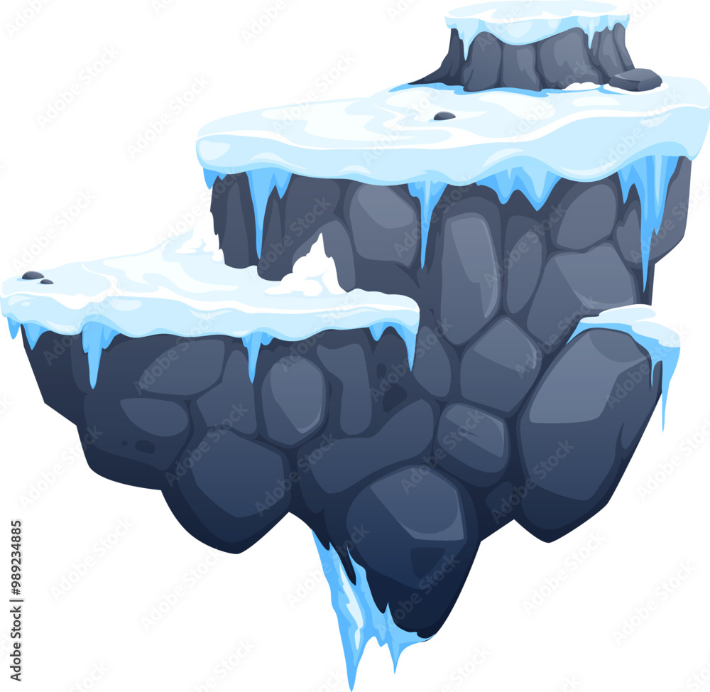 Poster arcade game platform with ice and snow on stone rock levels, vector cartoon asset for winter game. f
