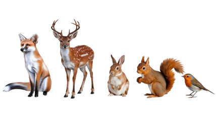 Flat cartoon Illustration of Woodland Forest Animals, cute Deer, Rabbit, Fox, Robin Bird, Fox Club, Squirrel.Badger. Vector clipart of wildlife for children book.   Transparency PNG, 