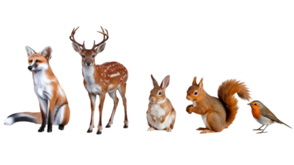 Flat cartoon Illustration of Woodland Forest Animals, cute Deer, Rabbit, Fox, Robin Bird, Fox Club, Squirrel.Badger. Vector clipart of wildlife for children book.   Transparency PNG, 
