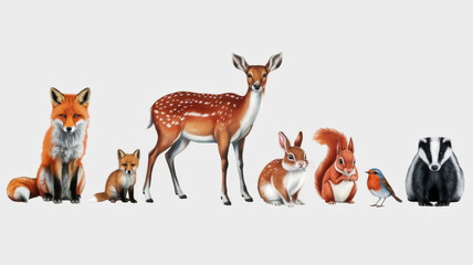 Obraz premium Flat cartoon Illustration of Woodland Forest Animals, cute Deer, Rabbit, Fox, Robin Bird, Fox Club, Squirrel.Badger. Vector clipart of wildlife for children book. 