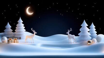 Christmas scene with reindeer standing in a snowy landscape, illuminated by soft moonlight and surrounded by festive decorations, evoking a magical holiday atmosphere.