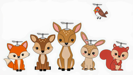 Naklejka premium Flat cartoon Illustration of Woodland Forest Animals, cute Deer, Rabbit, Fox, Robin Bird, Fox Club, Squirrel.Badger. Vector clipart of wildlife for children book. 