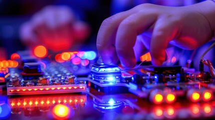 hand adjusting electronic components with vibrant red and blue lighting. scene showcases intricate electronic equipment, representing precision, technology, and innovation in high-tech environment.