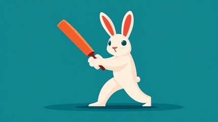 Rabbit playing cricket, swinging the bat for a big hit, intense and competitive, cartoon style