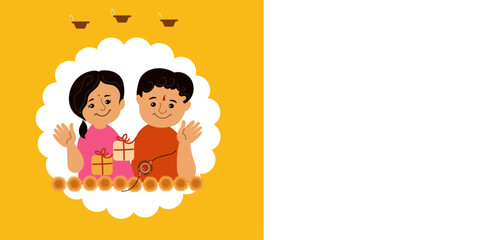 Happy Bhai Dooj. Child Indian Brother and sister celebrating Raksha Bandhan.Brother Sister Indian festival after Diwali. Rakhi celebration in india vector illustration. 