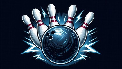  A bowling ball and pins surrounded by electric blue lightning bolts on a dark background..Concept: Powerful bowling strike, energetic sports, dynamic gaming.