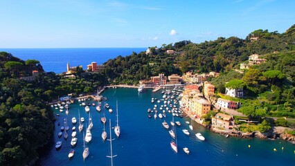 Portofino - italy - Aerial view with sailing ships and yachts in the harbor