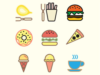 Vector Icon Collection of Popular Fast Food Items – Pizza, Burgers, Ice Cream