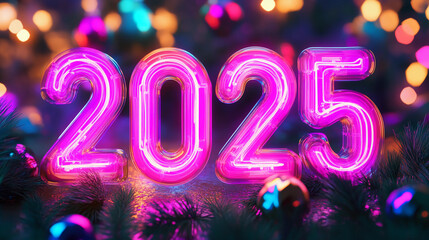 A vibrant, colorful display of the year 2025 in neon lighting, surrounded by festive decor, evoking a celebratory atmosphere.