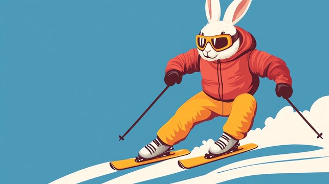 Rabbit skiing downhill at high speed, snow flying, winter sports cartoon style