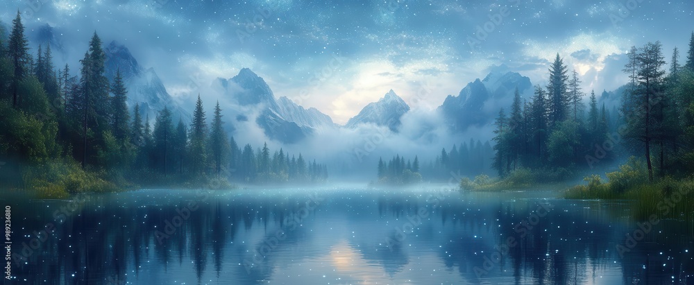 Wall mural serene lakeside meditation scene with bioluminescent flora creating a magical ambiance ethereal mist and starry sky reflected in still waters