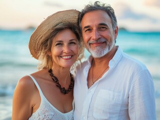 Fototapeta premium Happy mature couple on the beach cuddle during vacation