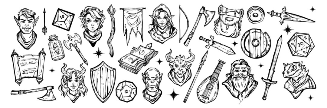 Fantasy RPG game icon, medieval dungeon dragon character face, hand drawn vector weapon, shield, bow. Role playing items doodle collection, magic book, sword, wizard staff. Fantasy icon hero art set
