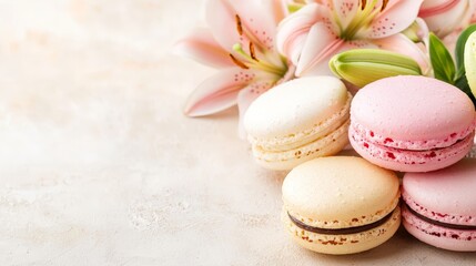 Fototapeta premium sweet french macarons with a bouquet of lilies - wallpaper concept with copyspace for text