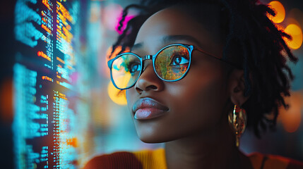 African Businesswoman working with data and tablet hologram with digital overlay for tech, statistics or stock market. 