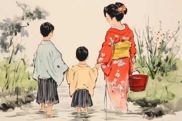 Obraz premium Serene Japanese Ink Artwork of Happy Family Bonding with Children in Joyful Scene