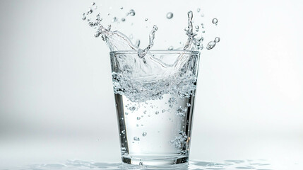 A glass of water splashing on a white background