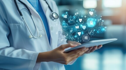 doctor using tablet with med icons floating