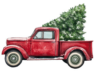 Snowy Watercolor Red Pickup Truck with Christmas Tree
