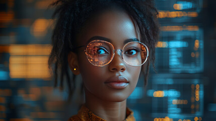 African Businesswoman working with data and tablet hologram with digital overlay for tech, statistics or stock market. 