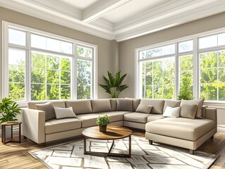 Stylish and Airy Open Concept Living Room with Plush Sectional Sofa and Ample Natural Light Featuring Contemporary Decor and an Inviting Warm Atmosphere for Relaxation