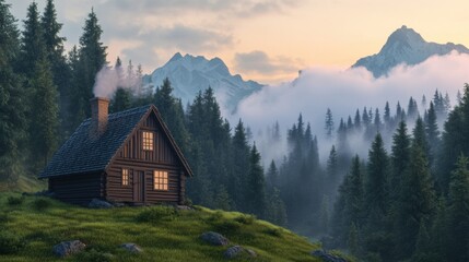 Obraz premium A small cabin in the middle of a forest with mountains behind it, AI