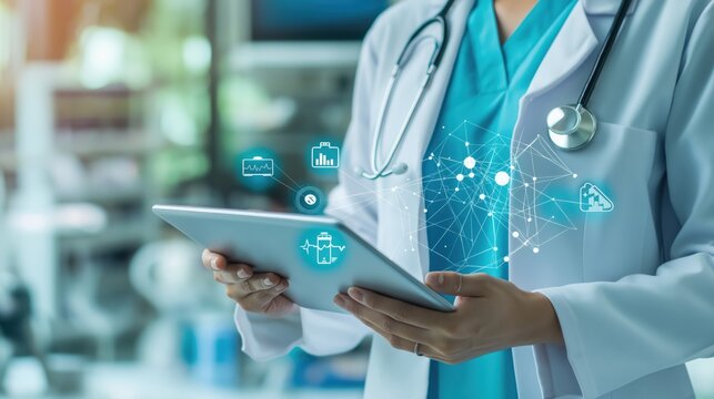 doctor using tablet with med icons floating