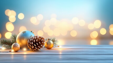 Fototapeta premium Eco-friendly Christmas background with sustainable decorations crafted from natural materials, including pine cones, wood, and recycled ornaments, softly lit by holiday lights.