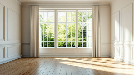 Obraz premium Empty living room with a large and bright window with a light beige curtain