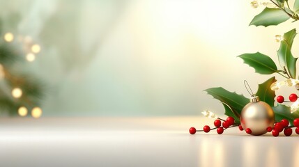 Elegant Christmas background adorned with holly leaves, red berries, and soft golden lights, evoking a traditional holiday ambiance.