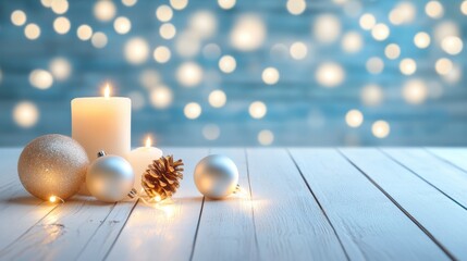 Fototapeta premium Elegant Christmas background with antique-style ornaments, softly lit by glowing fairy lights, creating a vintage holiday atmosphere.