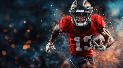 American football player in a haze and rain on black background. Portrait. Generative AI