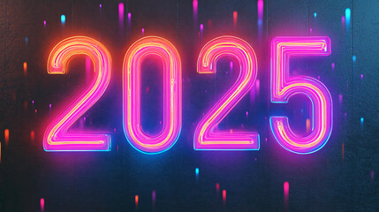 2025 in Vibrant Neon Lights Reflecting on Glossy Surface. Starry Dark Background