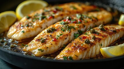 sizzling sole fish in rustic cast iron pan butter melting over crispy skin bright lemon wedges and scattered capers add pops of color against the goldenbrown fish