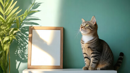 Cute tabby cat sitting on white table with blank picture frame and house plant : Generative AI