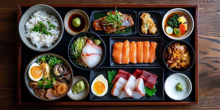 A beautifully arranged Japanese kaiseki meal with multiple courses including sashimi, tempura, and miso soup, served on an elegant lacquer tray