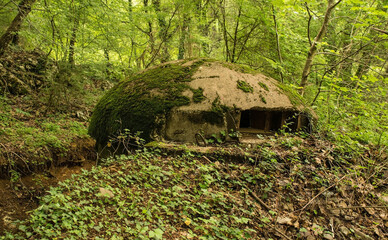 Fototapeta premium An abandoned pillbox bunker in the forest on Mount Dajti near Tirana in Central Albania. A relic from the 1960s -1980s Hoxha government's bunkerization program driven by a fear of invasion